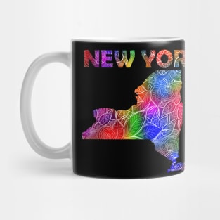 Colorful mandala art map of New York with text in multicolor pattern Mug